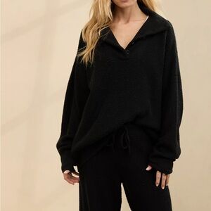 Aerie Cozy Up Waffle Button-Up Sweater Black Size Medium Oversized
